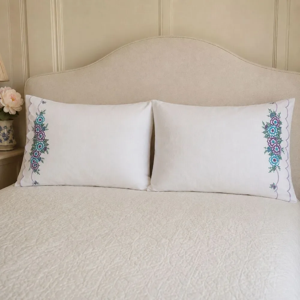 Vintage Embroidered Pillowcases Pair Floral Scalloped Edge Purple Blue Standard